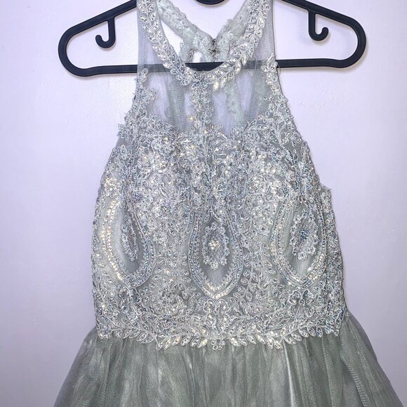 Silver Beaded Tulle Dress Halter Neckline Fairy Witchy Prom Wedding Princess - Picture 2 of 12